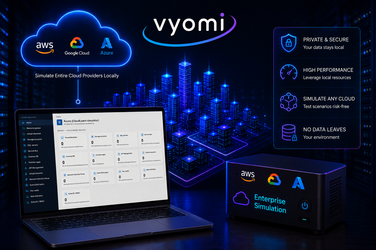 vyomi — local cloud simulator visualizing AWS, GCP, and Azure resources on a developer's desk